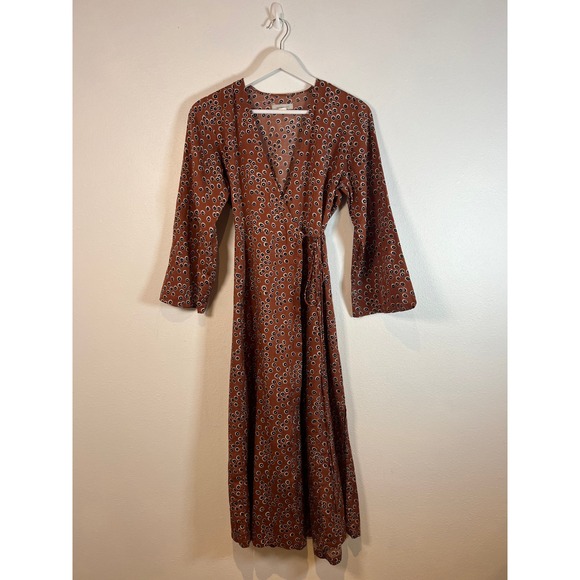 Outerknown Rhiannon Brown Floral Midi Wrap Dress Sz. XS Silk Hemp Relaxed Fit - Picture 2 of 12